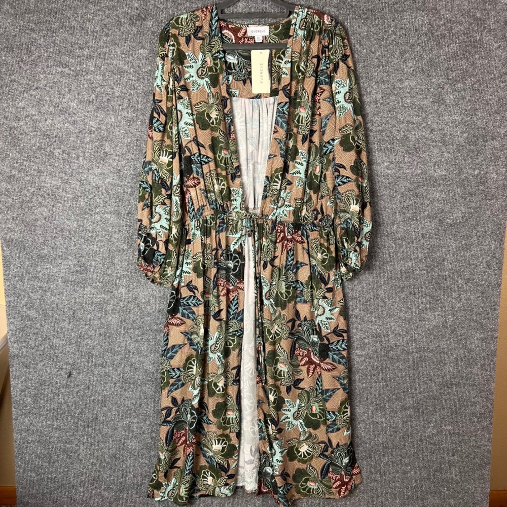 NEW Evereve Mindy Maxi Wrap Duster M/L New Floral Print Long Sleeve Rayon Boho